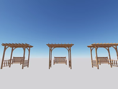 Three Outdoor Wooden Pergolas With Benches Against Clear Blue Sky 3d model