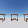 Three Outdoor Wooden Pergolas With Benches Against Clear Blue Sky