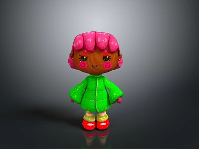 Cute Plush Doll With Pink Hair Green Coat And Red Shoes For Kids 3d model