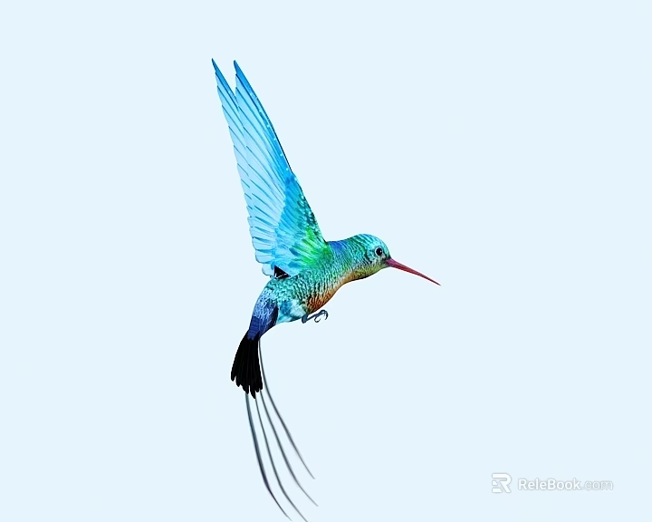 Flying Vibrant Hummingbird With Blue Green Feathers Red Beak Black Tail Against Light Blue Sky 3d model 
