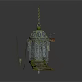 Ornate Decorative Birdcage With Intricate Metal Chains Staircase Base And Small Sign