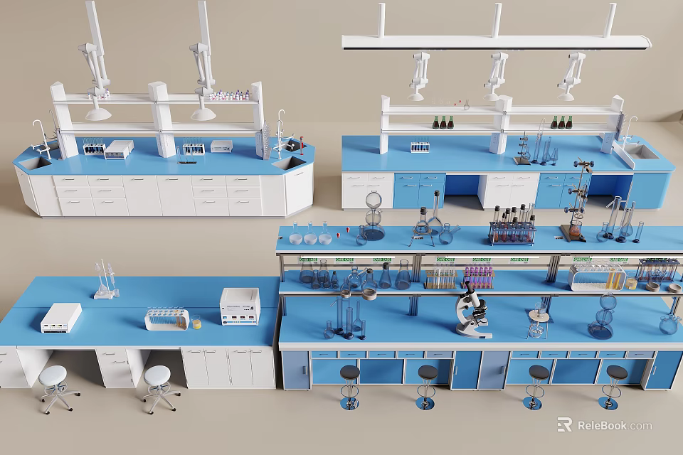 Modern Laboratory Interior Setup With Blue White Benches Microscopes Reagent Bottles And Fume Hoods 3d model 