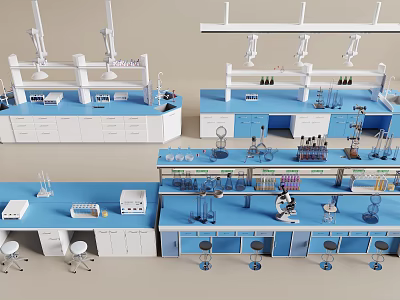 Modern Laboratory Interior Setup With Blue White Benches Microscopes Reagent Bottles And Fume Hoods 3d model