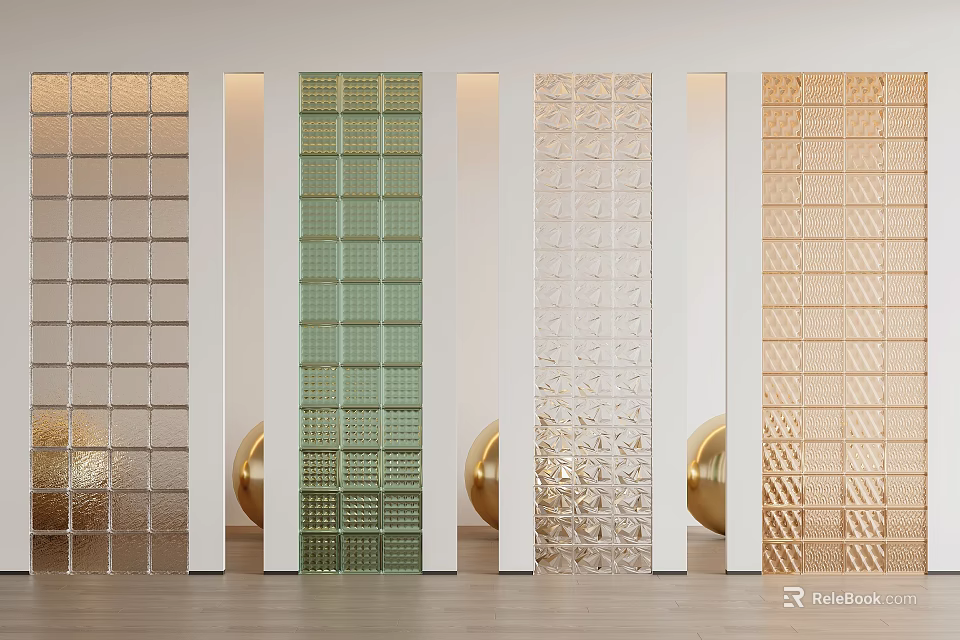 Modern Glass Block Room Dividers In Various Colors With Golden Decor Accents 3d model 