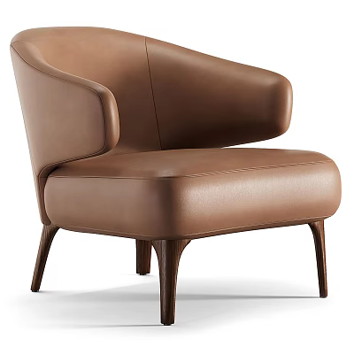 Brown Leather Single Chair With Curved Armrest And Wooden Legs Modern Design 3d model