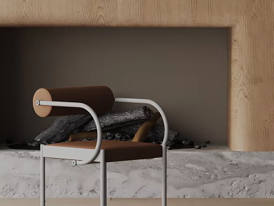 Modern Brown Leather Dining Chair With White Metal Frame And Fireplace Firewood 3d model