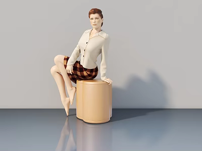 Modern Swing Door Interior Scene With Female Figure And Cylindrical Stool 3d model