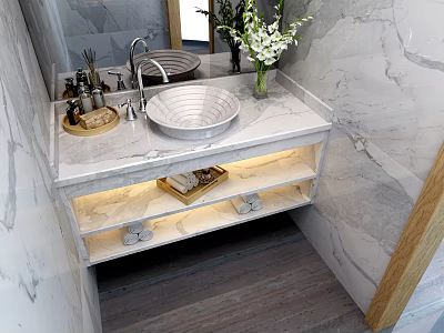 Luxurious Marble Bathroom Vanity With Round Basin Faucet Flower Vase And LED Shelves 3d model