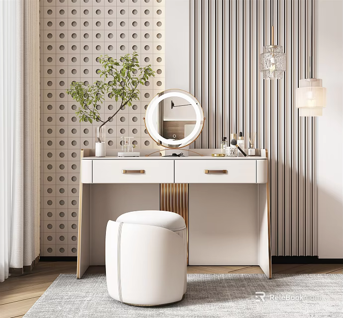 Elegant Modern Dressing Table With Round Mirror White Stool Green Plant And Patterned Wall 3d model 
