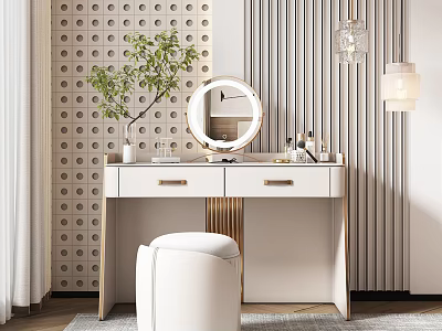 Elegant Modern Dressing Table With Round Mirror White Stool Green Plant And Patterned Wall 3d model