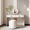Elegant Modern Dressing Table With Round Mirror White Stool Green Plant And Patterned Wall 3d model