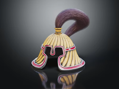 Traditional Ancient Helmet With Yellow Body Red Trim And Curved Purple Plume 3d model