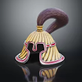 Traditional Ancient Helmet With Yellow Body Red Trim And Curved Purple Plume