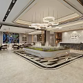 Modern Property Sales Office Interior With Chandeliers Marble Floor Display Platform And Reception Area