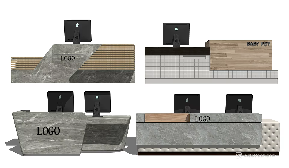 Modern Reception Desk Design With Logo Wooden Panel Marble Surface And Computer Monitors 3d model 