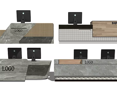 Modern Reception Desk Design With Logo Wooden Panel Marble Surface And Computer Monitors 3d model