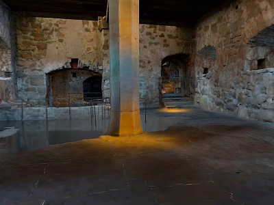 Ancient Stone Architecture Interior Landscape With Stone Walls Pillar Arched Doorways And Wet Ground 3d model