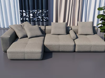 Modern Gray Fabric Sectional Sofa in Living Room with Curtains and Green Plant 3d model