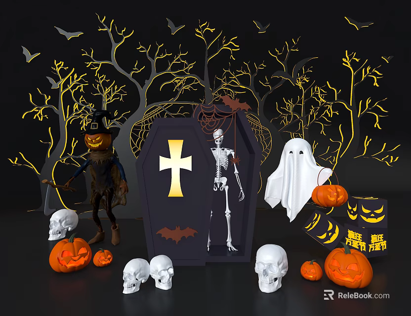 Halloween Window Display Decoration With Pumpkins Skeleton Ghost Skulls And Bats 3d model