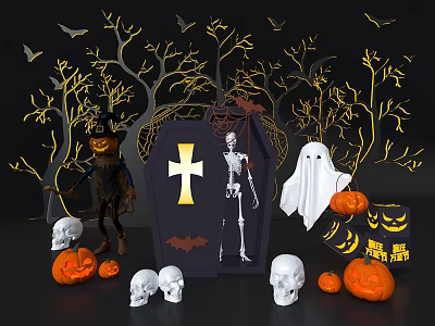Halloween Window Display Decoration With Pumpkins Skeleton Ghost Skulls And Bats 3d model