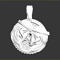Intricate Carved Silver Pendant Sculpture With Detailed Feather And Round Shape