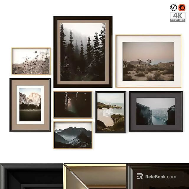 Assorted Photo Frames Featuring Mountain Forest Beach Scenic Landscape Prints for Wall Decor 3d model
