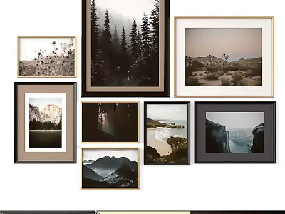 Assorted Photo Frames Featuring Mountain Forest Beach Scenic Landscape Prints for Wall Decor 3d model