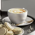 Creamy Latte Art and Macarons on Black Tray with Dried Flowers in Vase