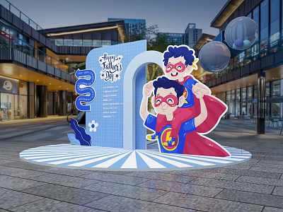 Father's Day Themed Photo Spot With Superhero Cartoon Characters And Urban Building Background 3d model