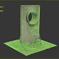 Rustic Landscape with Concrete Structure Circular Hole Rusty Ladder and Green Plants