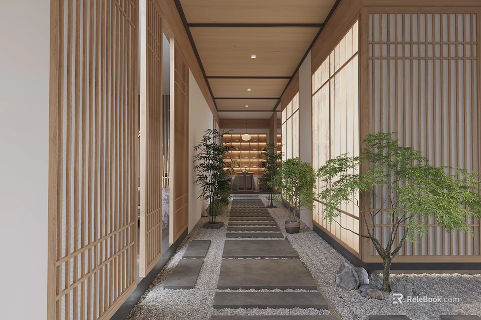 Serene Elevator Corridor With Wooden Slats Stone Pathway Green Plants And Natural Light 3d model 