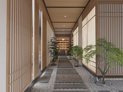 Serene Elevator Corridor With Wooden Slats Stone Pathway Green Plants And Natural Light 3d model