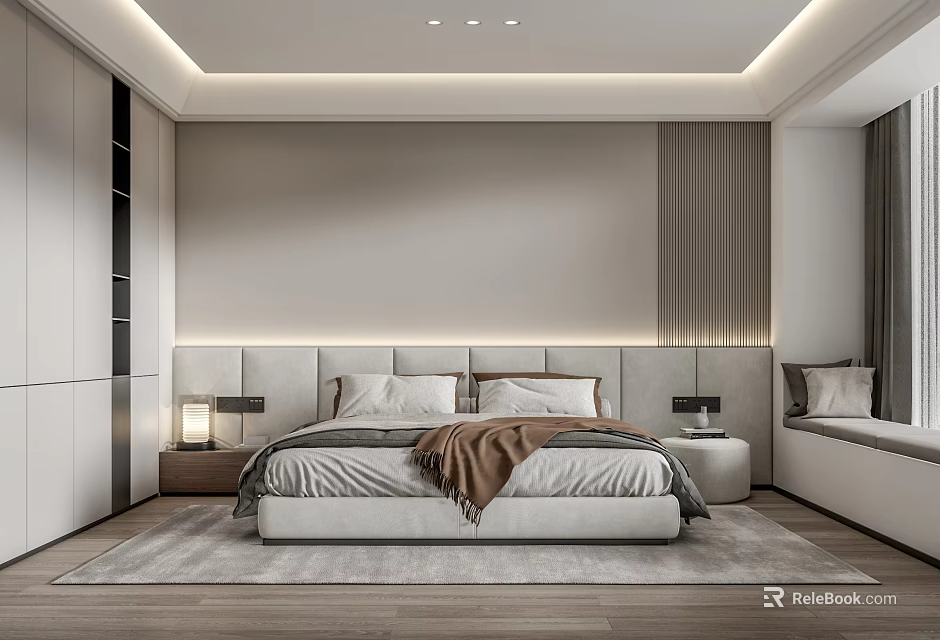 Modern Bedroom Interior Design With King Size Bed Nightstands Area Rug And Soft Lighting 3d model 