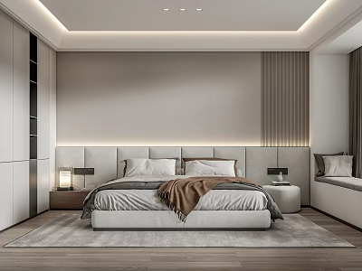 Modern Bedroom Interior Design With King Size Bed Nightstands Area Rug And Soft Lighting 3d model