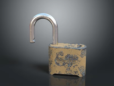 Vintage Master Padlock Featuring Silver U Shaped Shackle And Yellow Patterned Body 3d model
