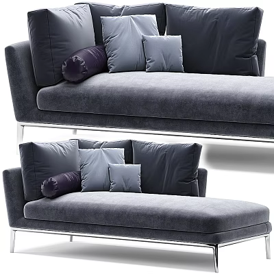 Modern Gray Velvet Chaise Lounge With Multiple Cushions And Metal Legs 3d model