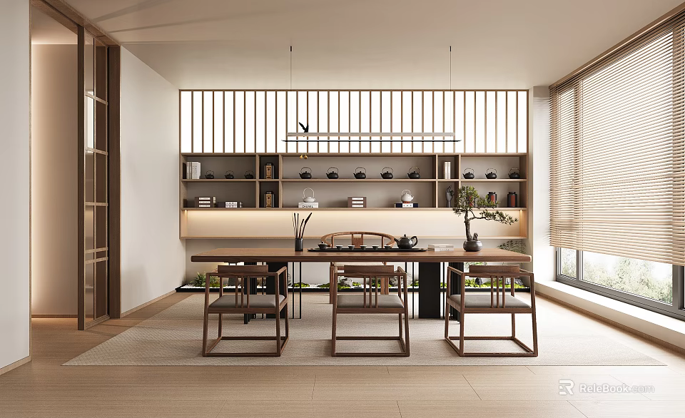 Modern Tea Room Interior Design With Wooden Table Chairs Sliding Screen Hanging Lights And Tea Sets 3d model 
