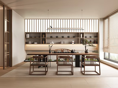 Modern Tea Room Interior Design With Wooden Table Chairs Sliding Screen Hanging Lights And Tea Sets 3d model