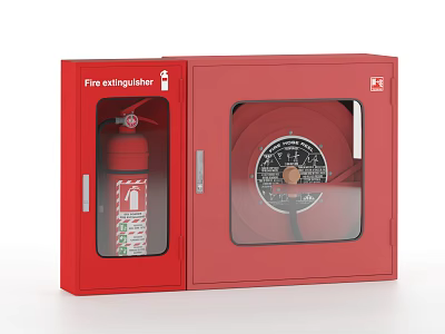 Red Fire Equipment Cabinet With Glass Door Fire Extinguisher And Hose Reel 3d model