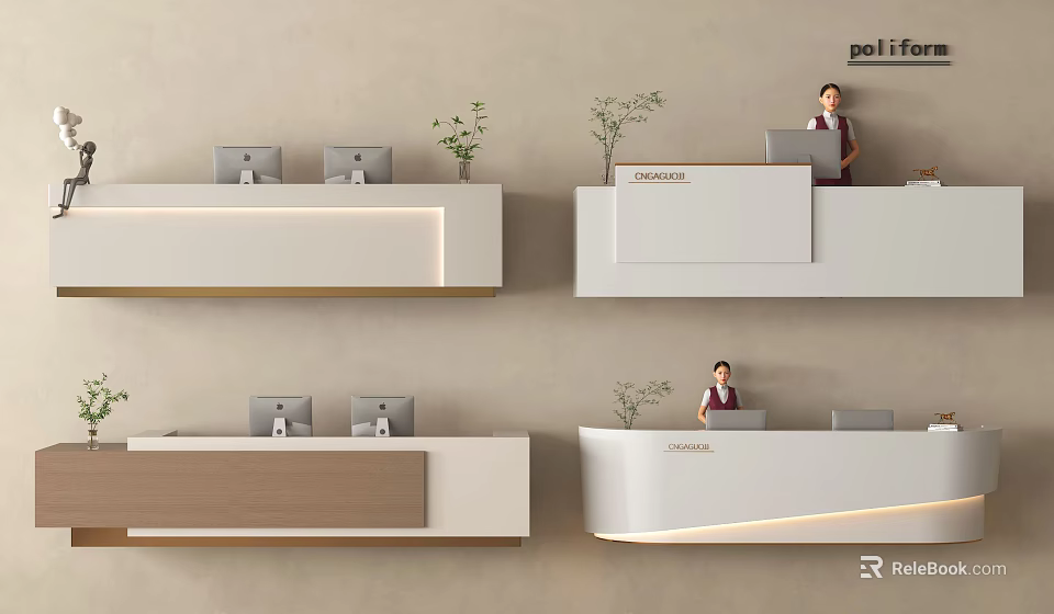 Modern Reception Desk Different Designs With Green Plants Computers And Receptionist 3d model 
