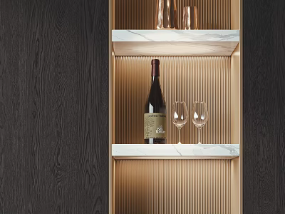 Elegant Decorative Ornament Set With Copper Cups Wine Bottle And Glasses On Marble Shelf 3d model
