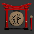 Musical Instruments and Art Tools Featuring Red Torii Golden Gong Chinese Character Fa and Mallet