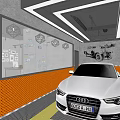 Modern 4S Auto Showroom Interior With Displayed Cars Yellow Guide Lines And Ceiling Lighting