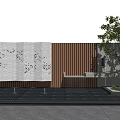 Modern Building Exterior Wall With Gray Panels Wooden Texture Perforated Patterns Water Feature And Greenery