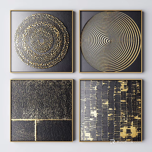 Abstract Black And Gold Framed Wall Art With Spiral Patterns And Textured Design 3d model