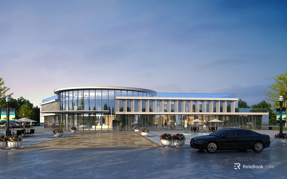 Modern Sales Office Building With Curved Glass Walls Plaza Greenery And Black Car 3d model 