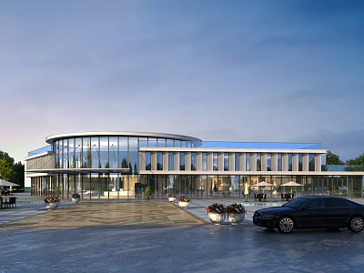 Modern Sales Office Building With Curved Glass Walls Plaza Greenery And Black Car 3d model