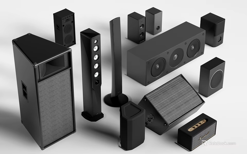 Home Theater Sound System With Black Speakers In Various Sizes And Designs 3d model 