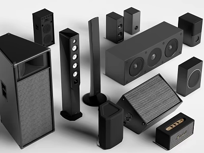 Home Theater Sound System With Black Speakers In Various Sizes And Designs 3d model