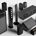 Home Theater Sound System With Black Speakers In Various Sizes And Designs
